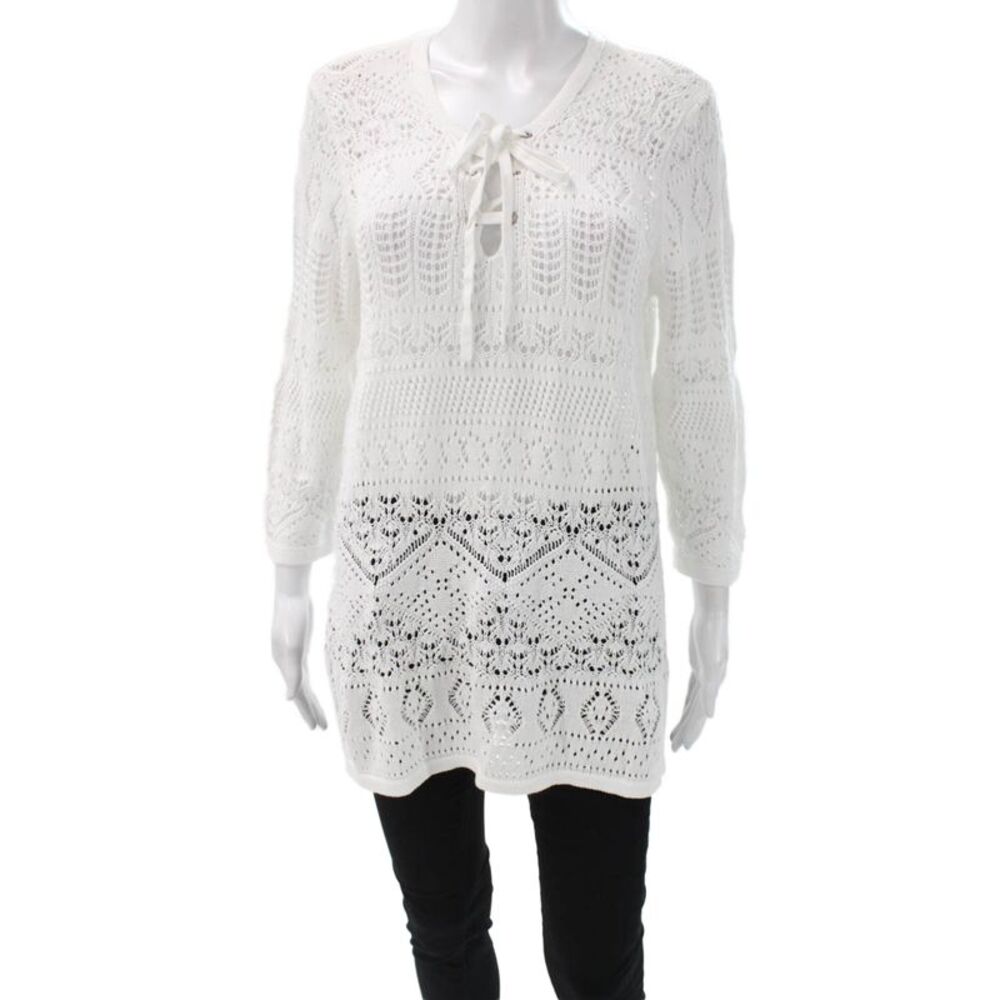 M Missoni Women Boho V-Neck Tunic Blouse Lace Up 3/4 Sleeve White Size 44